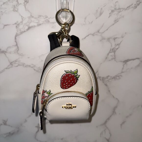 Coach Mini Court Backpack Bag Charm With Strawberry Print CAO93 NWT - Picture 1 of 5